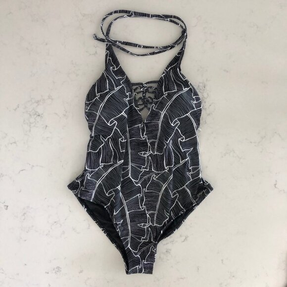 Far West V Neck Abstract Leaf Print Nylon One Piece Swimsuit Blk + Wht Sz S NWT - Picture 1 of 14